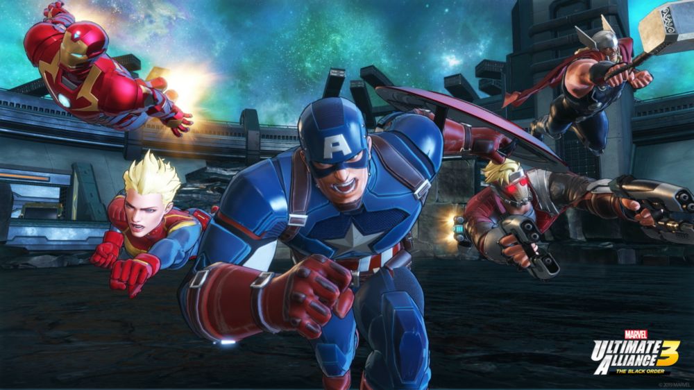 Captain America, Captain Marvel, Starlord, Thor en Iron Man vliegen op je af